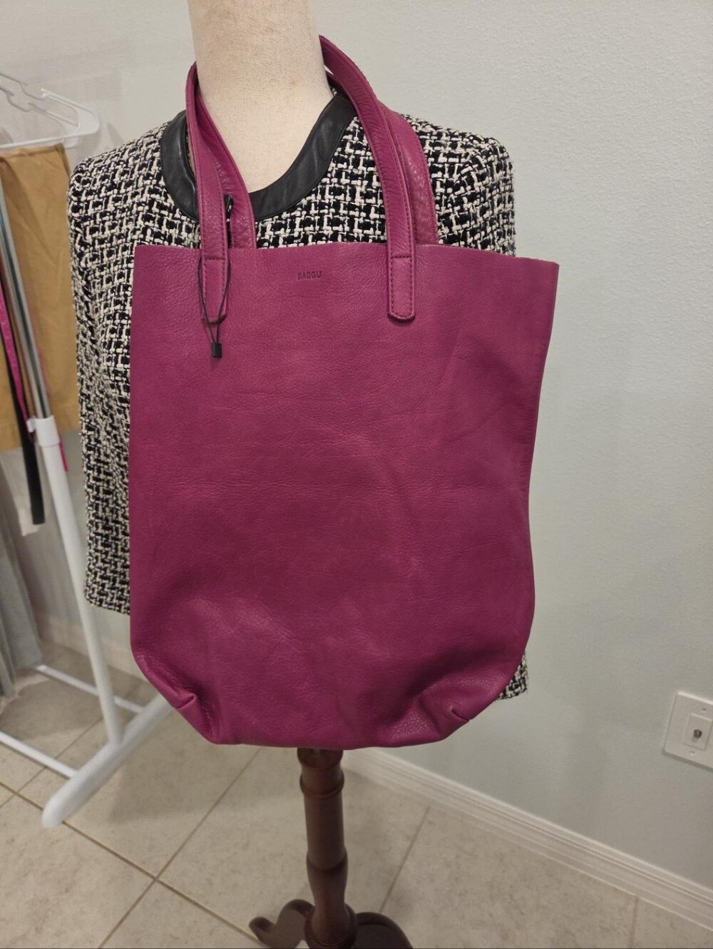 NWT BAGGU Discontinued Magenta Natural Milled Leather Tote Made in USA